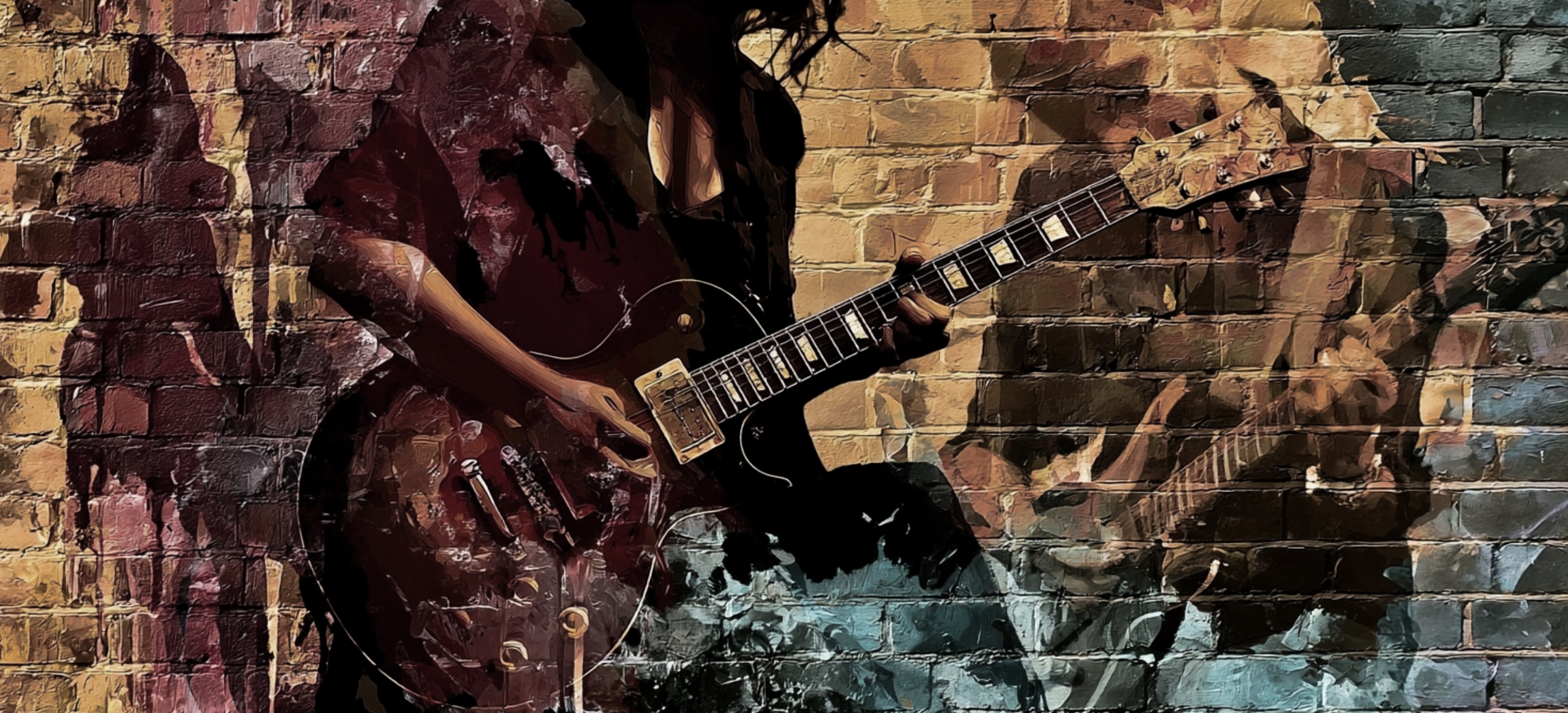 The wide shot behind the logo. Brick, a wall of guitars, a bench mid-session — something with room in the middle, because the mark sits over it.