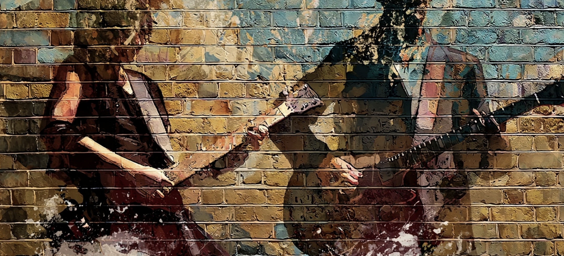 The wide shot behind the logo. Brick, a wall of guitars, a bench mid-session — something with room in the middle, because the mark sits over it.